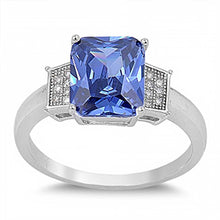 Load image into Gallery viewer, Sterling Silver Elegant Radiant Cut Tanzanite Cz on Center with Paved Czs on Both Side RingAnd Face Height of 10MM