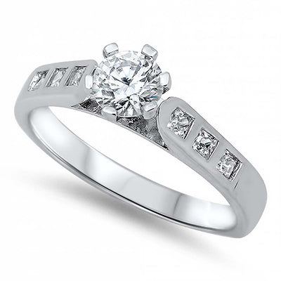 Sterling Silver Elegant Solitaire 6 Prongs Set with Round Cut Clear Cz and Band Set with Princess Cut Cz on Channel SettingAnd Face Height of 6MM