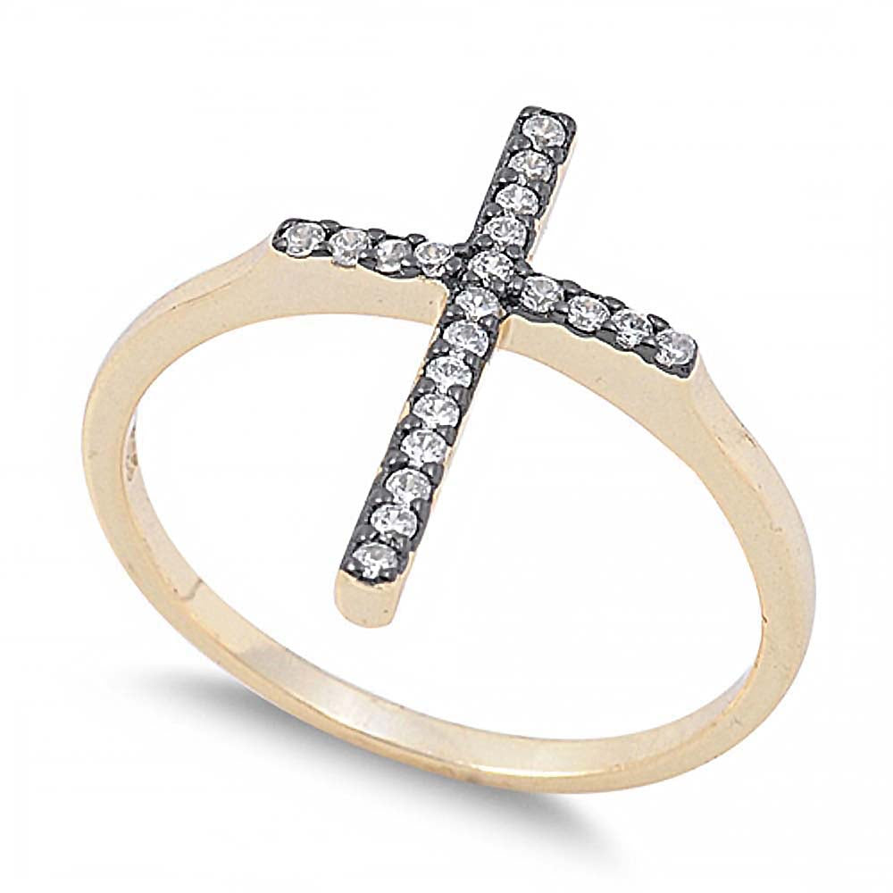 Sterling Silver Modish Black Plated Cross Design Inlaid with Clear Czs Gold Plated Band Ring with Face Height of 18MM