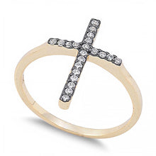 Load image into Gallery viewer, Sterling Silver Modish Black Plated Cross Design Inlaid with Clear Czs Gold Plated Band Ring with Face Height of 18MM