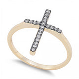 Sterling Silver Modish Black Plated Cross Design Inlaid with Clear Czs Gold Plated Band Ring with Face Height of 18MM