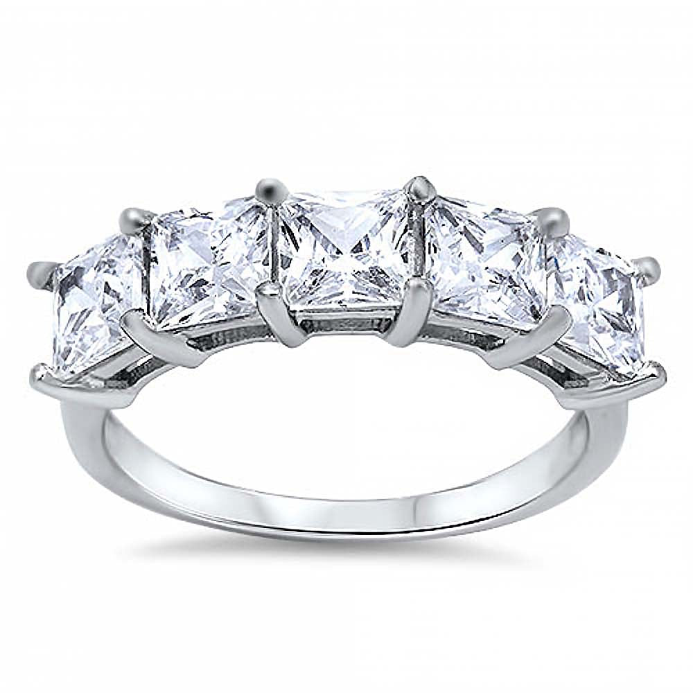 Sterling Silver Stylish Five Prong Princess Cut Clear Cz Ring with Face Height of 6MM