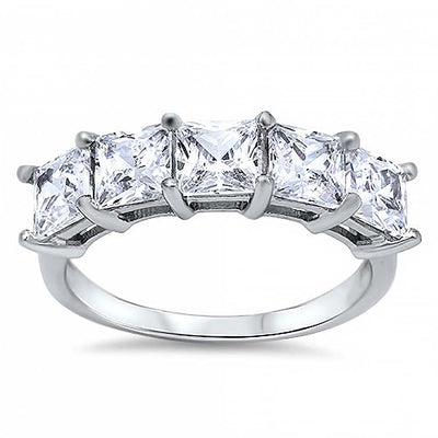 Sterling Silver Stylish Five Prong Princess Cut Clear Cz Ring with Face Height of 6MM