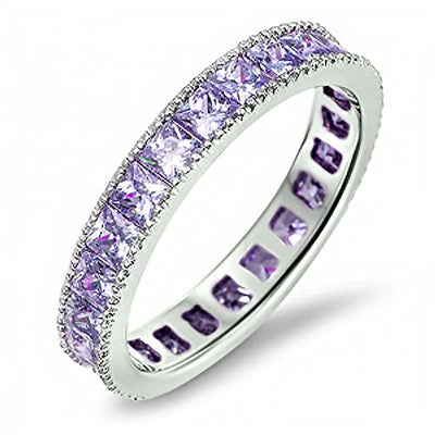 Sterling Silver Fancy Princess Cut Amethyst Czs Eternity Band Ring with Face Height of 3MM