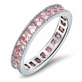 Sterling Silver Fancy Princess Cut Pink Czs Eternity Band Ring with Face Height of 3MM