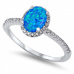 Rhodium Plated Sterling Silver Clear Cz Ring with Oval Blue Lab Opal in the CenterAnd Ring Face Height of 10MM