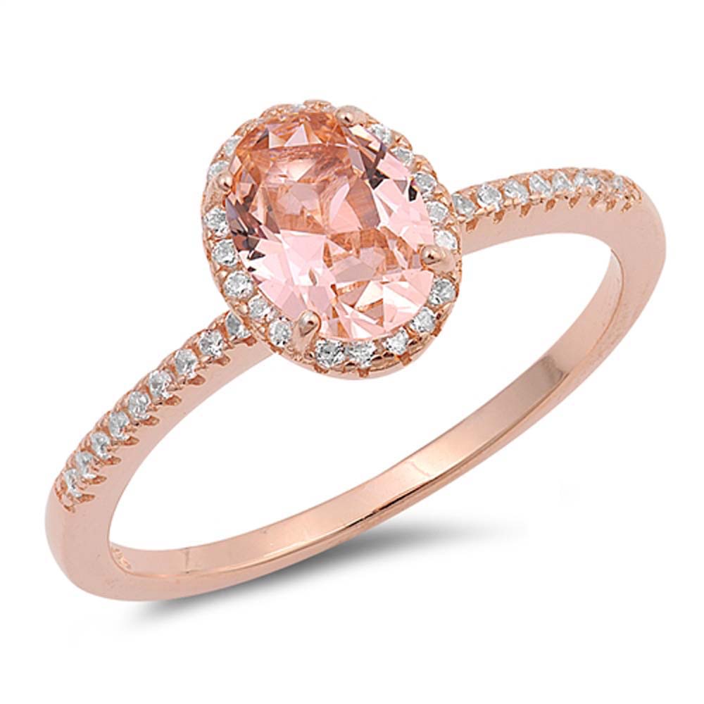 Sterling Silver Oval Shaped Pink Morganite CZ Rings, Face Height 10mm