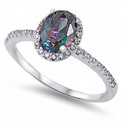 Sterling Silver Oval Shaped Rainbow Topaz And Clear CZ RingAnd Face Height 10mm