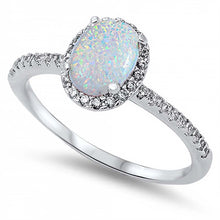 Load image into Gallery viewer, Rhodium Plated Sterling Silver Clear Cz Ring with Oval White Lab Opal in the CenterAnd Ring Face Height of 10MM
