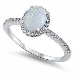 Rhodium Plated Sterling Silver Clear Cz Ring with Oval White Lab Opal in the CenterAnd Ring Face Height of 10MM
