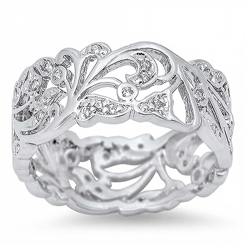 Sterling Silver Leaves Shaped Clear CZ RingAnd Face Height 10mm