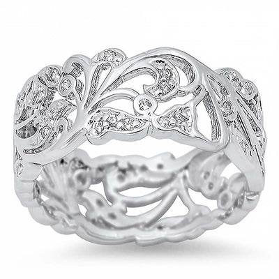 Sterling Silver Leaves Shaped Clear CZ RingAnd Face Height 10mm