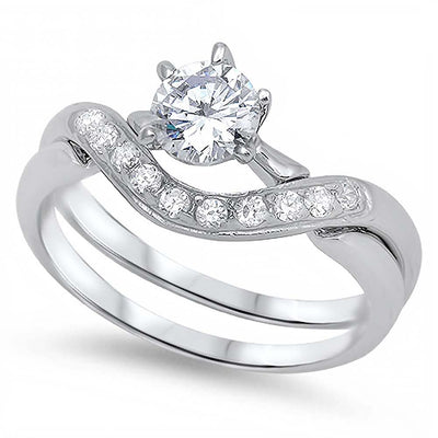 Sterling Silver Chevron Band with Simulated Diamond and Clear Round Solitaire Simulated Diamond on 5 Prong Setting Bridal SetAnd Band Width of 8MM and Center Stone Size of 7MM