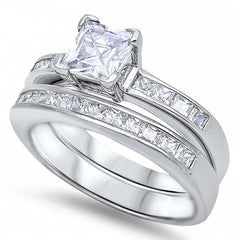 Sterling Silver Clear Princess Cut Solitaire CZ with Princess Cut CZ on Channel Setting Side Views Bridal Set, Band Width of 5MM and Center Stone Size of 6MM