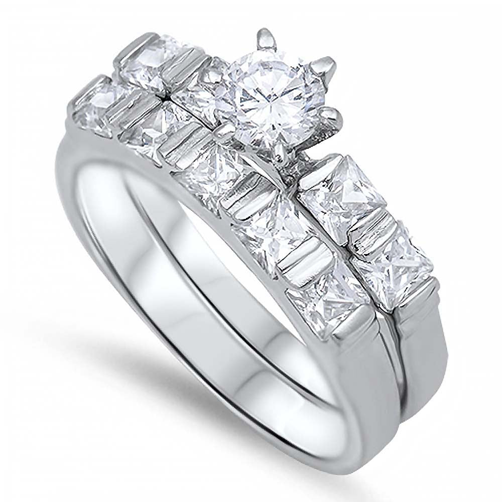Sterling Silver Clear Round Solitaire CZ on 6 Prong with Princess Cut CZ on Channel Setting Side Views Bridal Set, Band Width of 6MM and Center Stone Size of 6MM