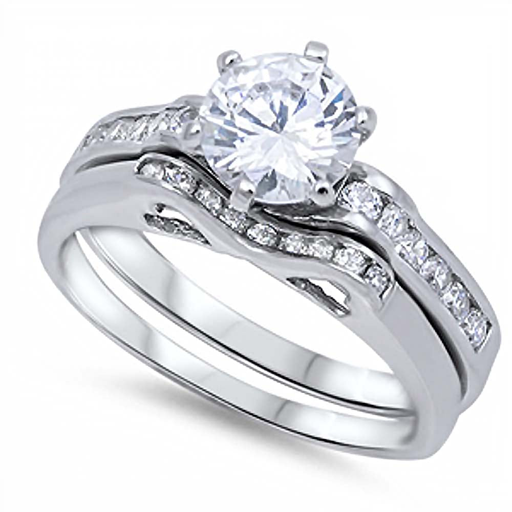 Sterling Silver Clear Round Solitaire CZ on 6 Prong Setting Bridal Set and Band Inlaid with Round CZ, Band Width of 4MM and Center Stone Size of 7MM