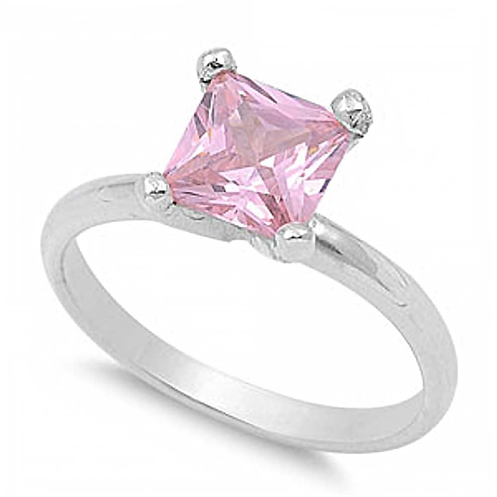 Sterling Silver Princess Cut Pink Cz on Prong Setting with Rhodium FinishAnd Face Height of 7mm