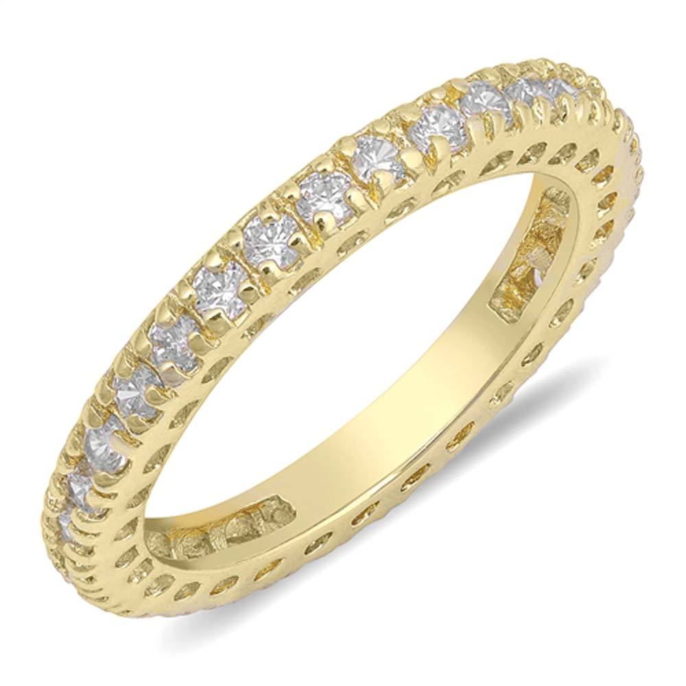 Sterling Silver Yellow Gold Eternity Band Ring with Clear Simulated Crystals on Channel SettingAnd Band Width 3 MM