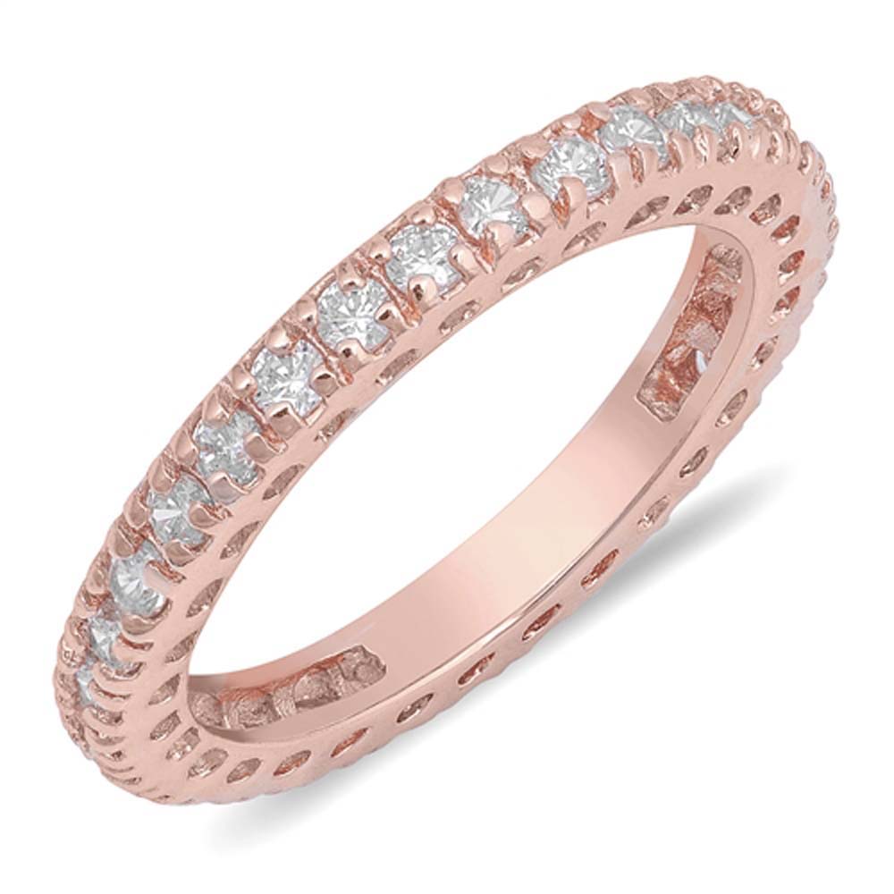 Sterling Silver Rose Gold Plated Wedding Band Clear CZ RingAnd Face Height 3mm