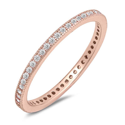 Sterling Silver Rose Gold Classy Eternity Band Ring with Clear Simulated Crystals on Channel SettingAnd Band Width 2 MM