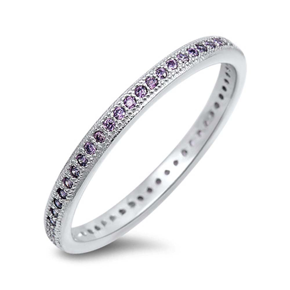Sterling Silver Fancy Round Cut Amethyst Czs Eternity Band Ring with Face Height of 2MM