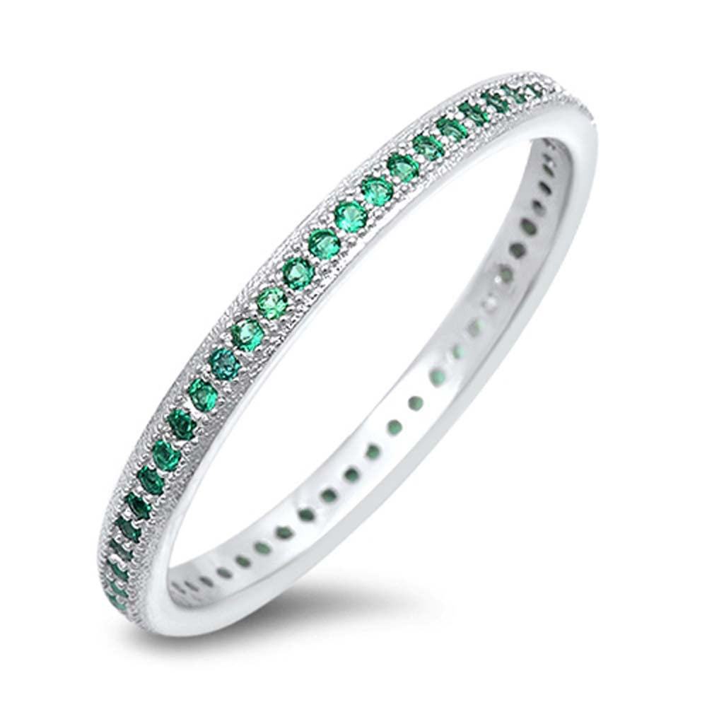 Sterling Silver Fancy Round Cut Emerald Czs Eternity Band Ring with Face Height of 2MM