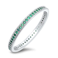 Sterling Silver Fancy Round Cut Emerald Czs Eternity Band Ring with Face Height of 2MM