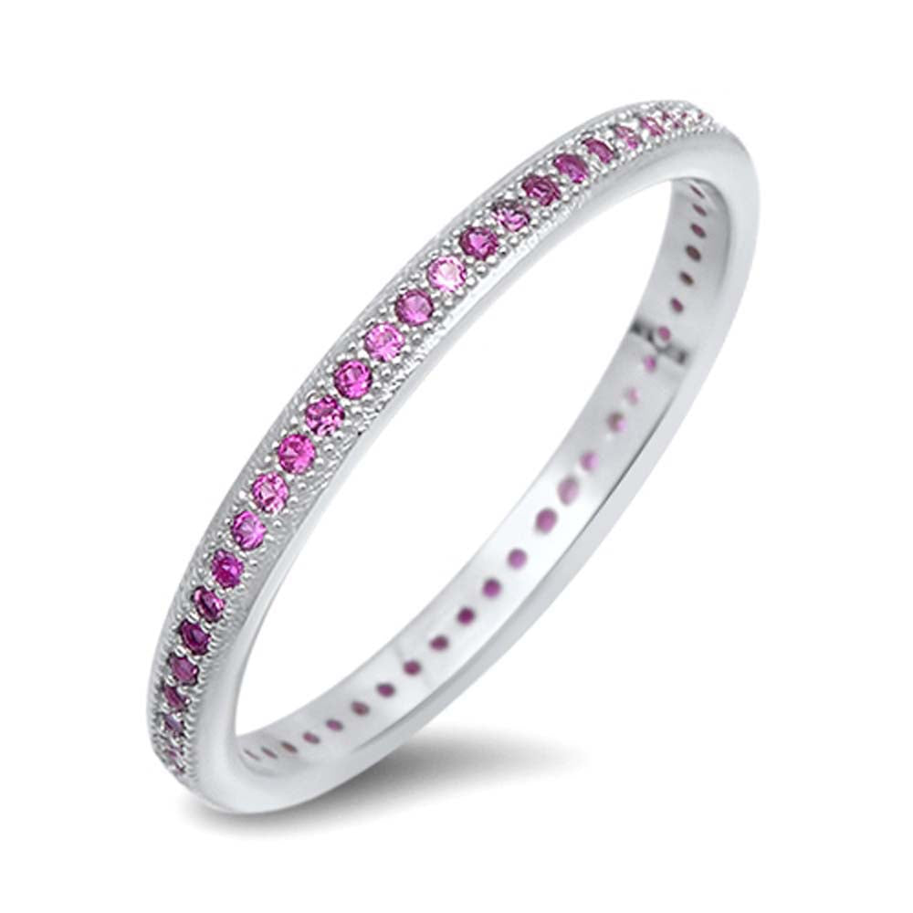 Sterling Silver Fancy Round Cut Ruby Czs Eternity Band Ring with Face Height of 2MM
