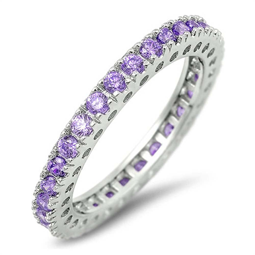 Sterling Silver Eternity Band Ring Set with Amethyst Czs, Face Height of 3MM