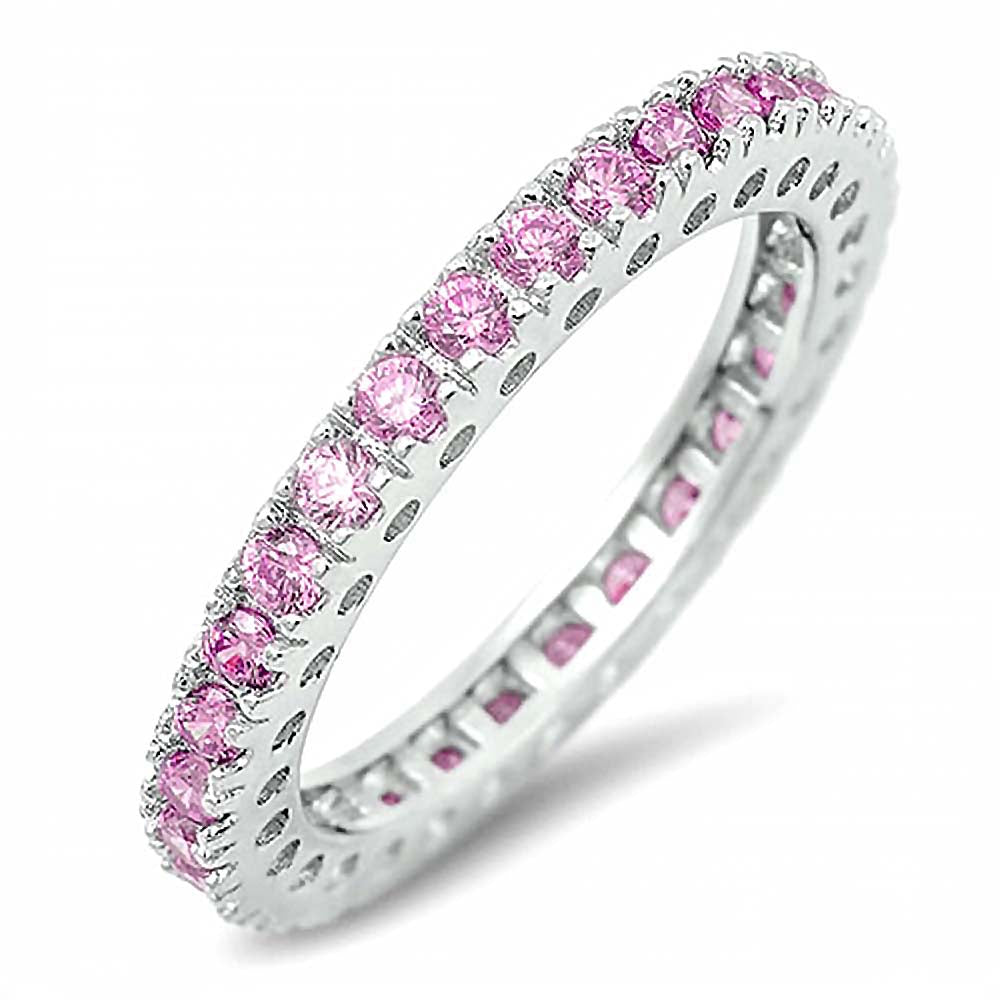 Sterling Silver Eternity Band Ring Set with Pink Czs, Face Height of 3MM