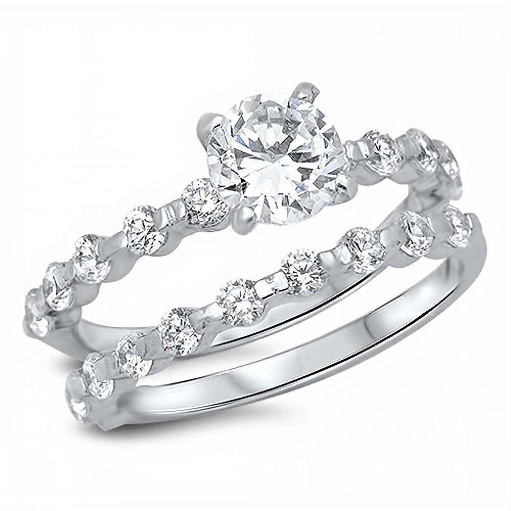 Sterling Silver Bridal Set Band with Round CZ Bezel Set and Centered Round Solitaire CZ on 4 Prong Setting, Band Width of 3MM and Center Stone Size of 6MM