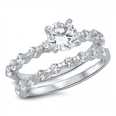 Sterling Silver Classy Bridal Set Band with Round Simulated Diamond Bezel Set and Centered Round Solitaire Simulated Diamond on 4 Prong SettingAnd Band Width of 3MM and Center Stone Size of 6MM