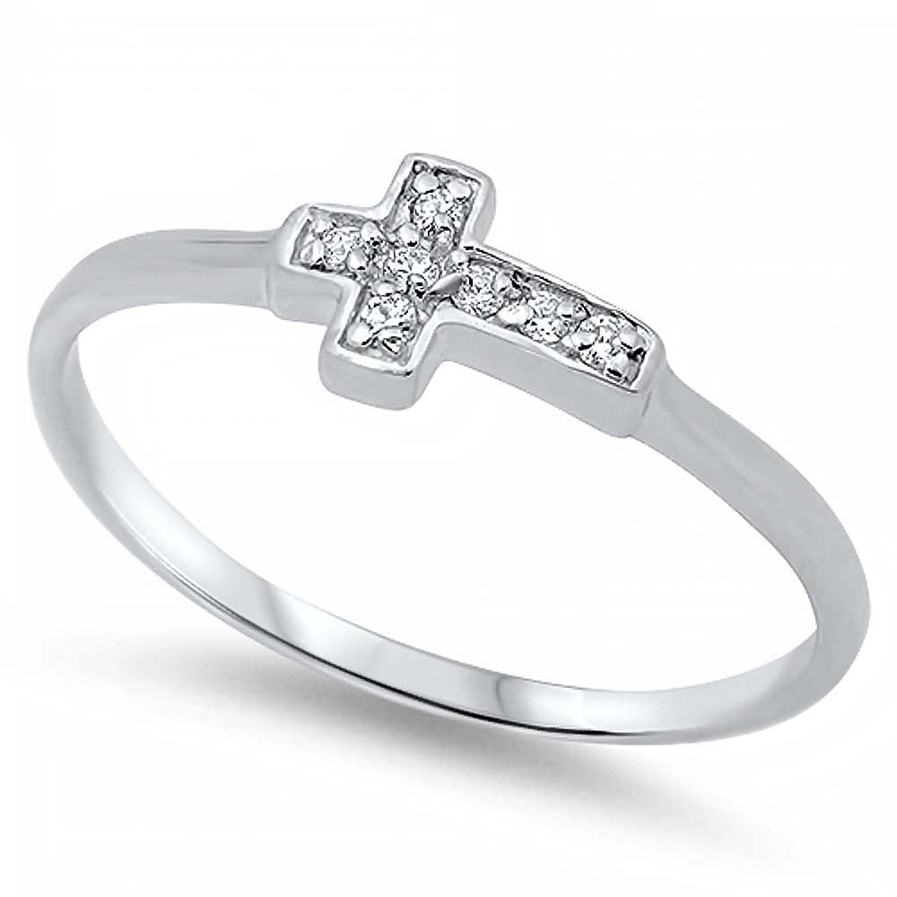 Sterling Silver Classy CZ Pave Sideways Cross Ring with Face Height of 5 MM