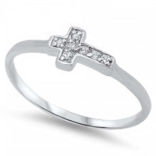 Load image into Gallery viewer, Sterling Silver Classy Simulated Diamond Pave Sideways Cross Ring with Face Height of 5 MM