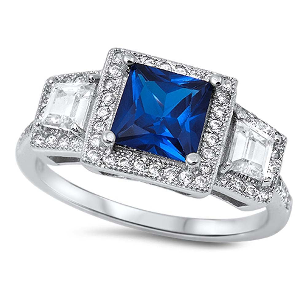 Sterling Silver Elegant Ring with Three Princess Cut Blue Sapphire Cz on Center and Clear Cz on Both Side with Halo SettingAnd Face Height of 9MM