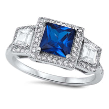 Load image into Gallery viewer, Sterling Silver Elegant Ring with Three Princess Cut Blue Sapphire Cz on Center and Clear Cz on Both Side with Halo SettingAnd Face Height of 9MM