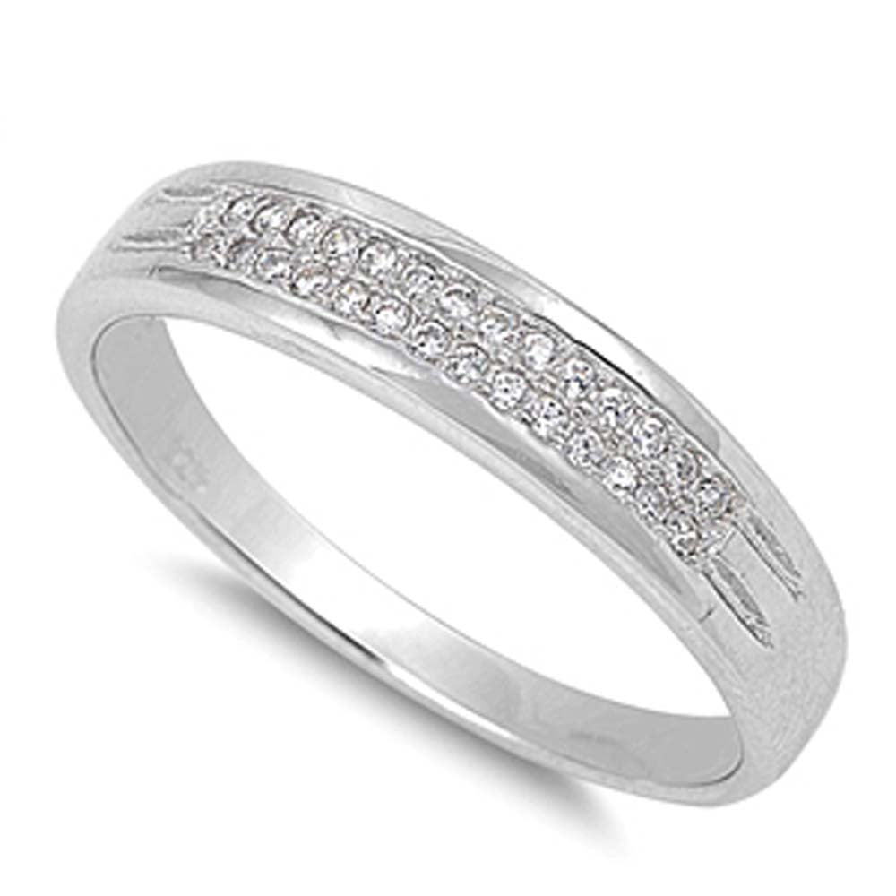 Sterling Silver Double Lines Shaped Clear CZ RingAnd Face Height 3mm