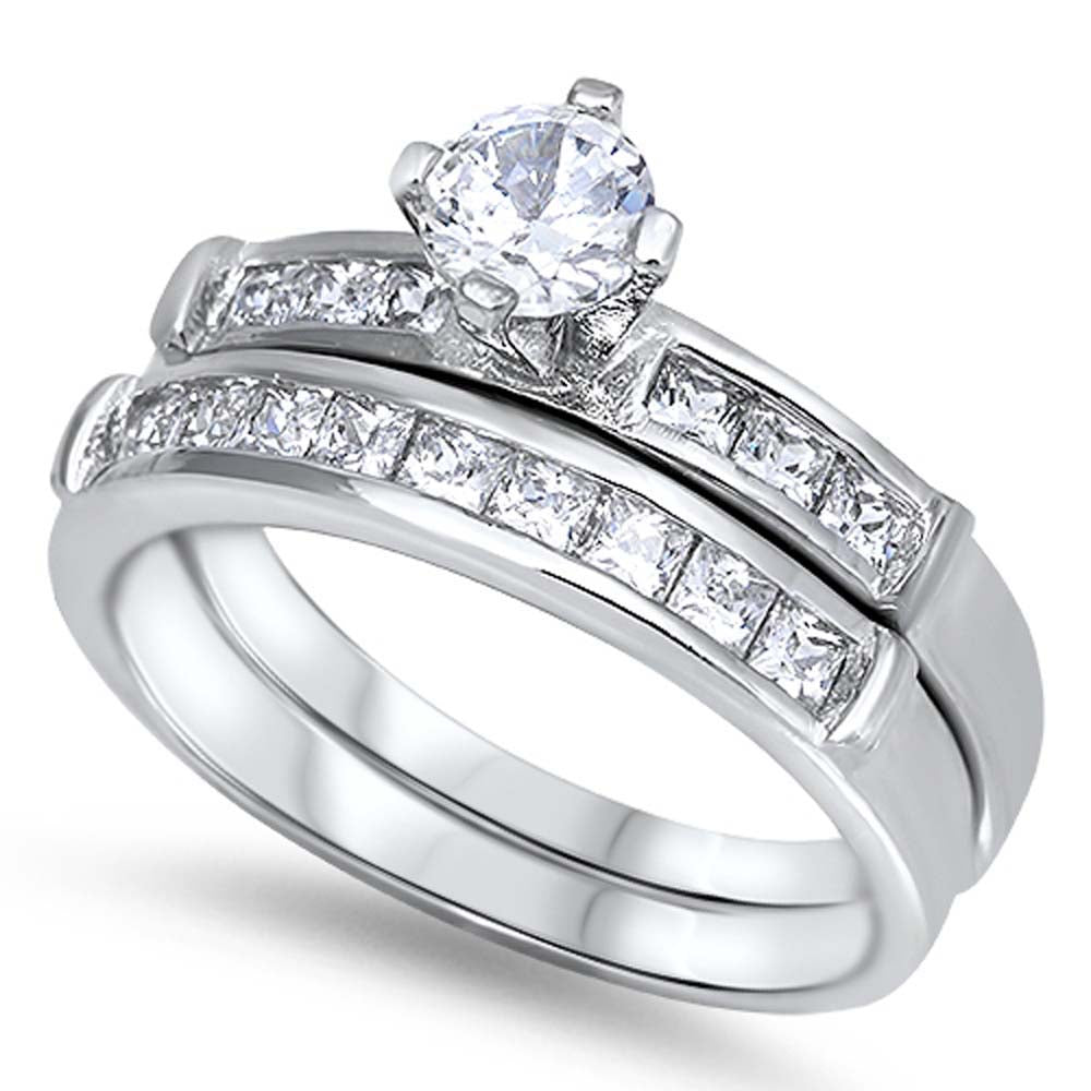 Sterling Silver Clear Round Solitaire CZ Bridal Set with Princess Cut CZ on Channel Setting Side ViewsAnd Band Width of 5MM and Center Stone Size of 5MM