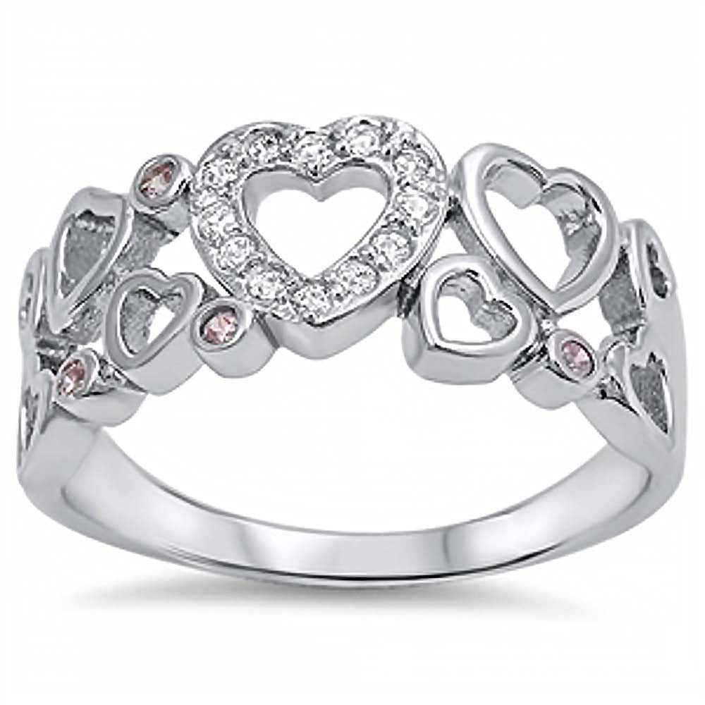 Sterling Silver Fancy Multi Cut-Out Heart Design with Clear Czs Inlaid RingAnd Face Heigth of 9MM