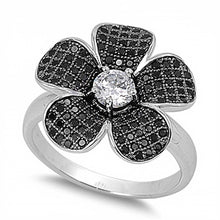 Load image into Gallery viewer, Sterling Silver Flower Shaped Black And Clear CZ RingAnd Face Height 18mm