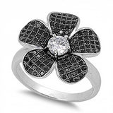 Sterling Silver Flower Shaped Black And Clear CZ RingAnd Face Height 18mm