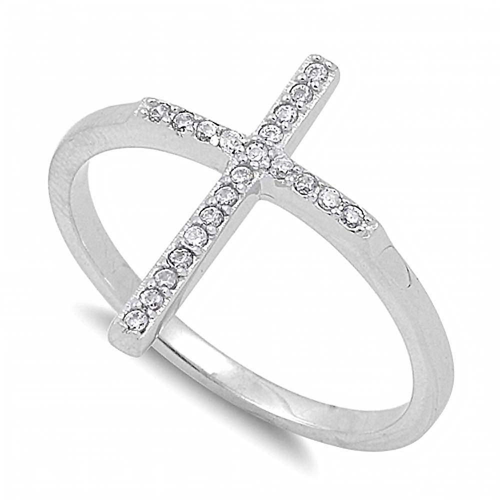 Sterling Silver Classy Thin CZ Paved Cross Ring with Face Height of 17MM