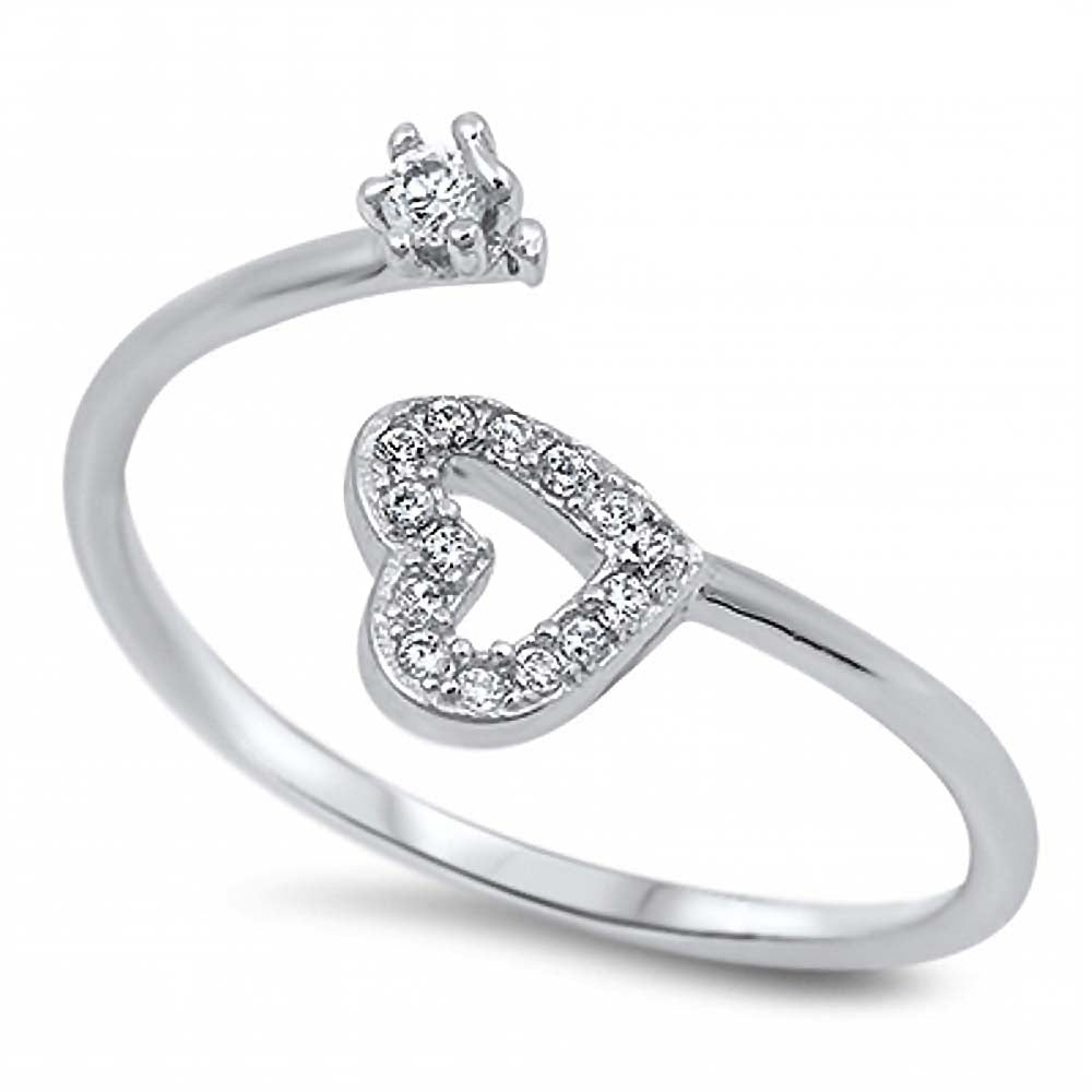 Sterling Silver Trendy Heart Design with Clear Cz Open Band Ring with Face Height of 10MM