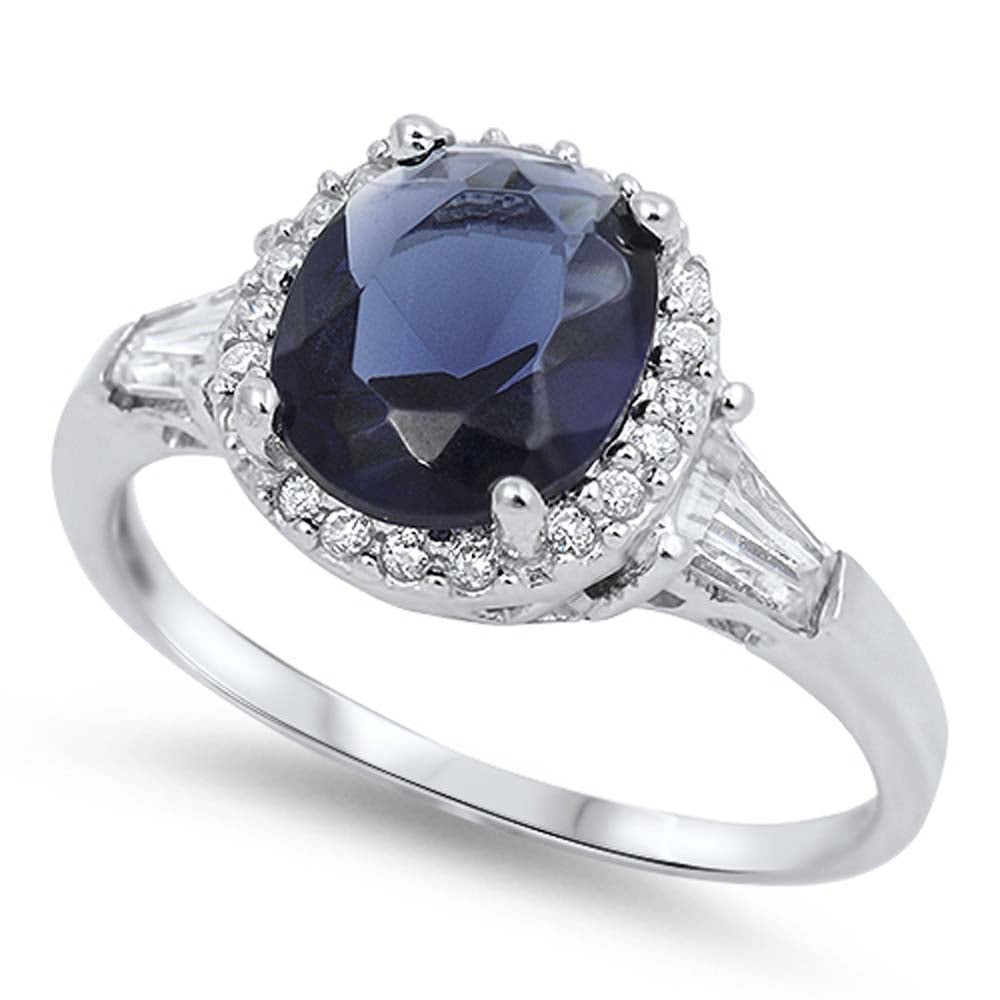 Sterling Silver Solitaire Oval Cut Blue Sapphire Cz with Halo and Baguette Clear Cz Inlay RingAnd Face Height of 11MM