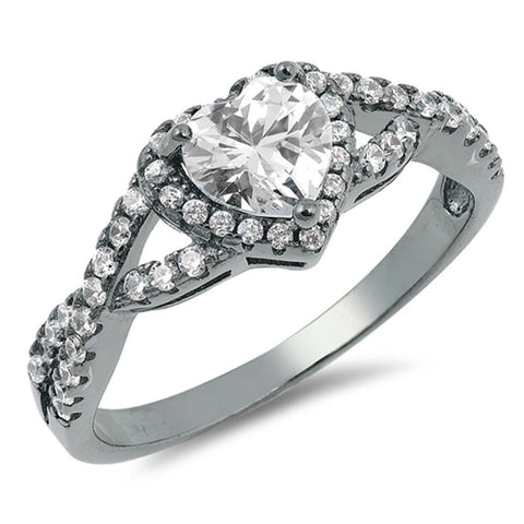 Sterling Silver Black Rhodium Plated Heart Shaped With Clear CZ RingAnd Face Height 8mm