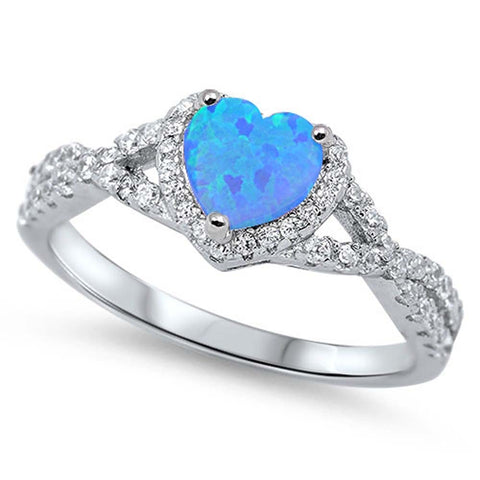 Sterling Silver Heart Blue Lab Opal Rings with CZ Stones And Face Height 8mm