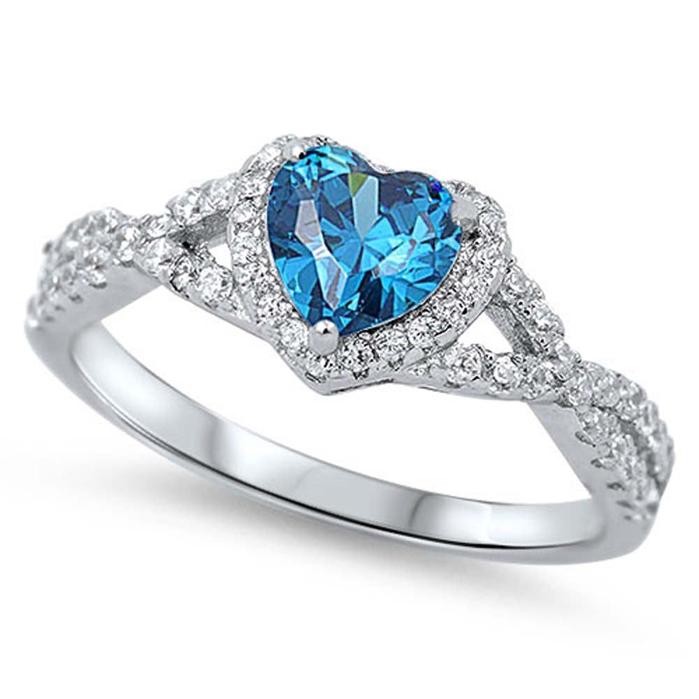 Sterling Silver Blue Topaz Heart CZ Decorated with Clear CZ Stones Ring, Face Height of 8MM