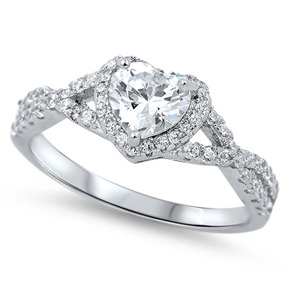 Sterling Silver Heart Shaped Clear CZ Ring, Face Height 8mm
