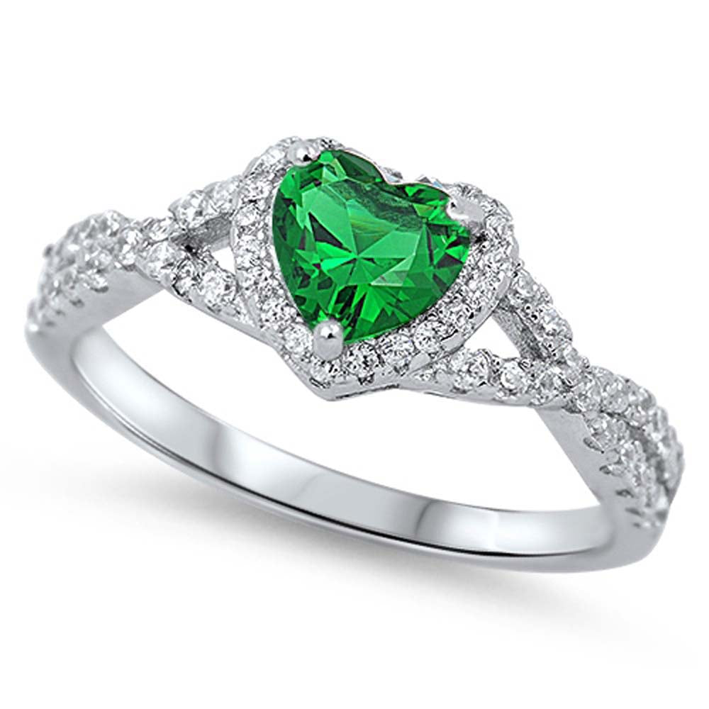 Sterling Silver Ring with Emerald CZ Heart Stone and Clear CZ, Face Height of 8mm