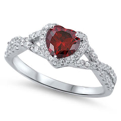 Sterling Silver Ring with Garnet CZ Heart Stone and Clear CZAnd Face Height of  8 mm
